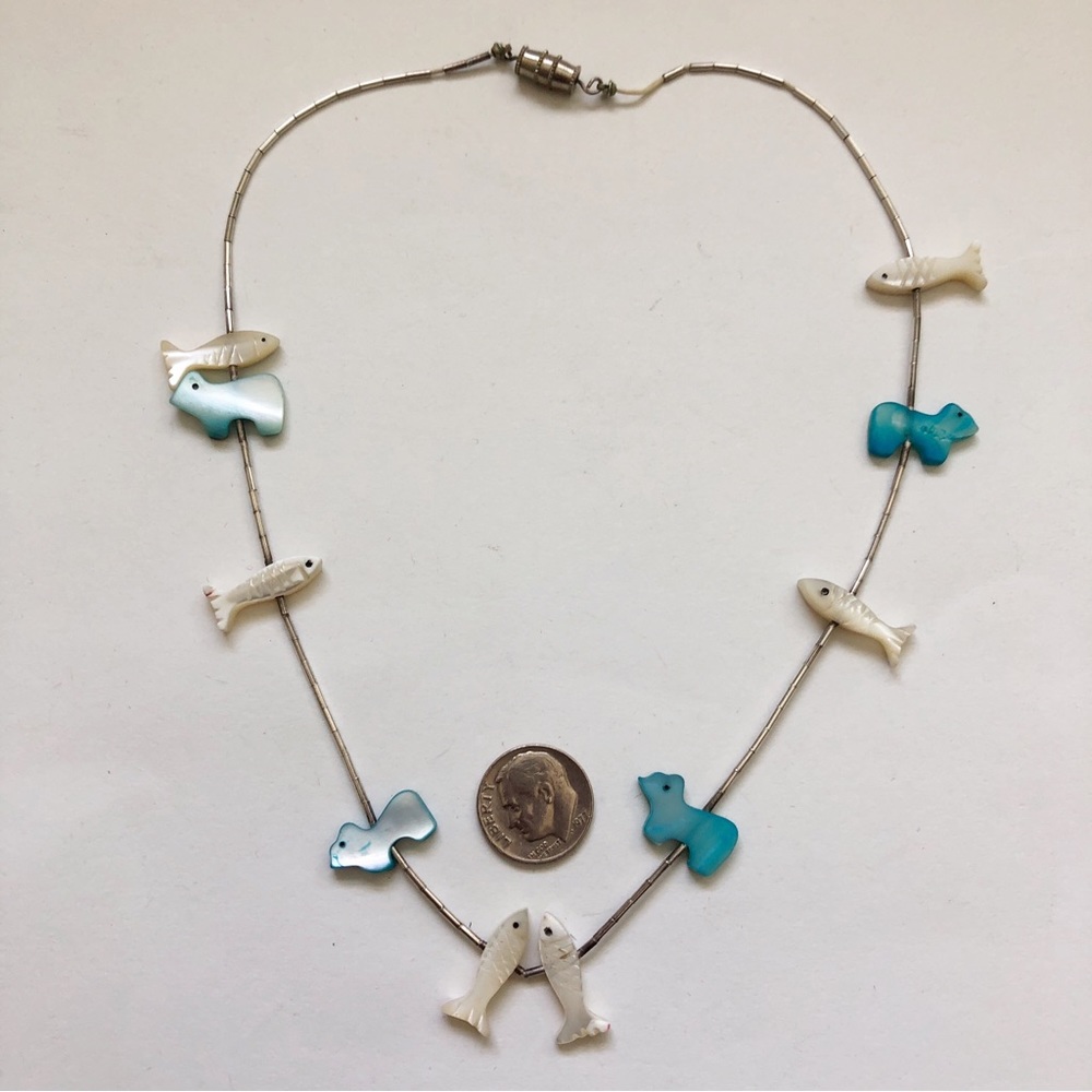 Southwestern Mother of Pearl Fish and Bear Fetish Sterling Silver Necklace - Picture 5 of 8